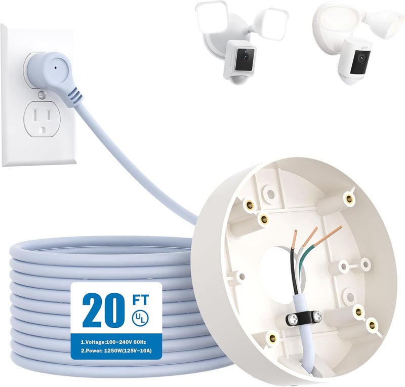 iTODOS Plug-in Mount for Floodlight Cams Compatible with Floodlight Cam Wired Plus/Pro,WYZE Floodlight Camera v2/Pro,Blink Wired Floodlight Camera,Electrical Box with 20ft/6m Weatherproof Power Cable - Image 1